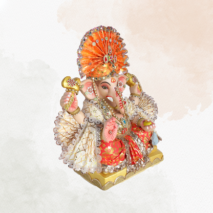 19 Inch – Majestic Seated Ganesha Idol in Red & White Attire – Shadu Mitti Clay Murti with Designer Orange Mukut & Fan Crown