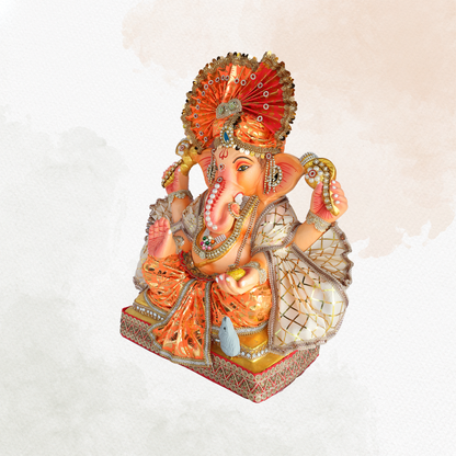 19 Inch – Grand Seated Ganesha Idol in Orange Foil Attire – Shadu Mitti Clay Murti with Designer Fan Mukut & Stone Work