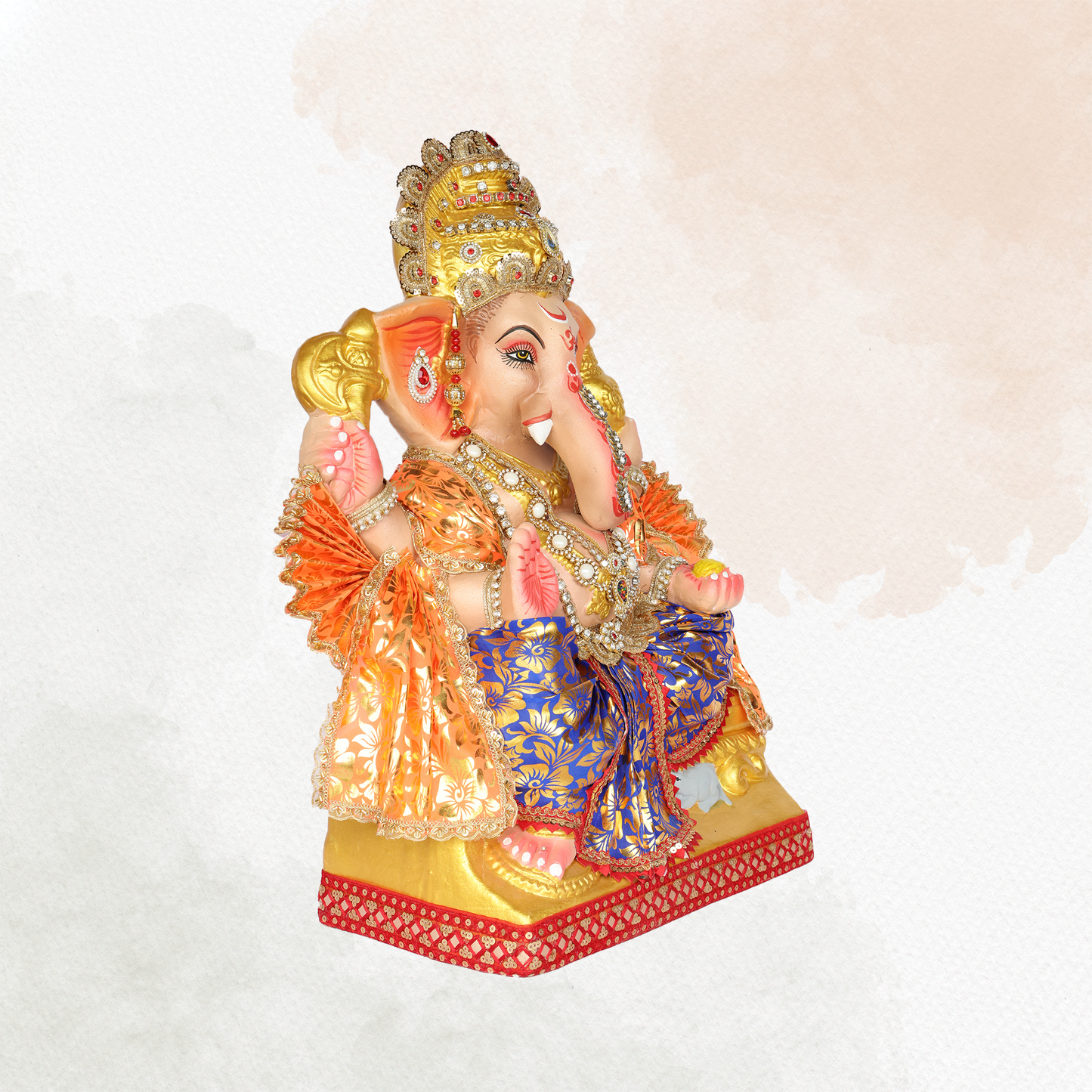23 Inch – Traditional Seated Ganesha Idol in Royal Blue & Orange Attire | Shadu Mitti Clay Murti with Gold Crown & Bead Work
