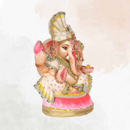 23 Inch – Elegant Seated Ganesha Idol in Cream & Pink Attire | Shadu Mitti Eco-Friendly Murti with Fan-Style Crown & Stone Embellishments
