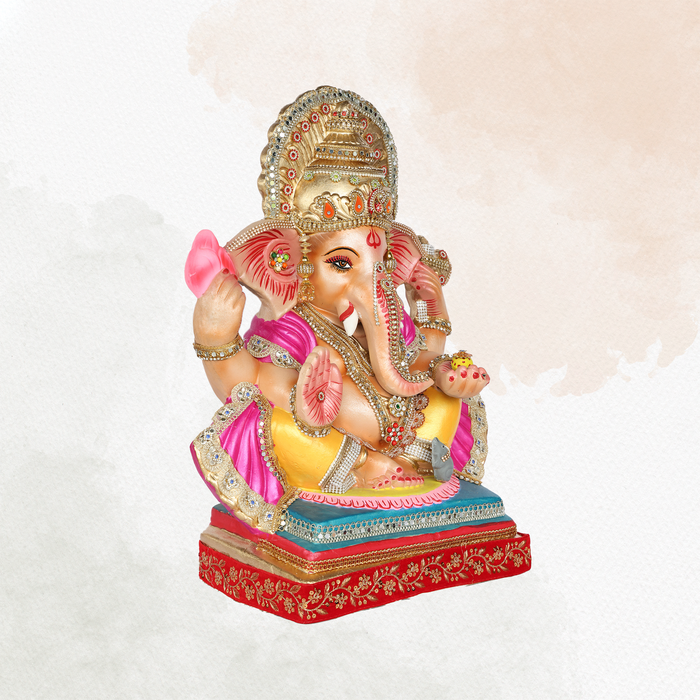 23 Inch – Elegant Seated Ganesha Idol in Yellow-Pink Attire | Shadu Mitti Eco-Friendly Murti with Stone-Studded Golden Crown & Lotus in Hand