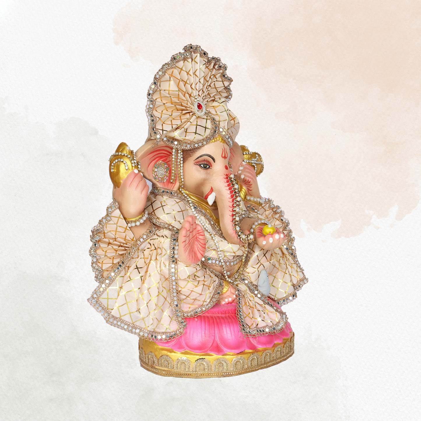 23 Inch – Elegant Seated Ganesha Idol in Cream Gold Attire | Shadu Mitti Clay Murti with Designer Fan-Style Pagdi & Pearl Stone Embellishments