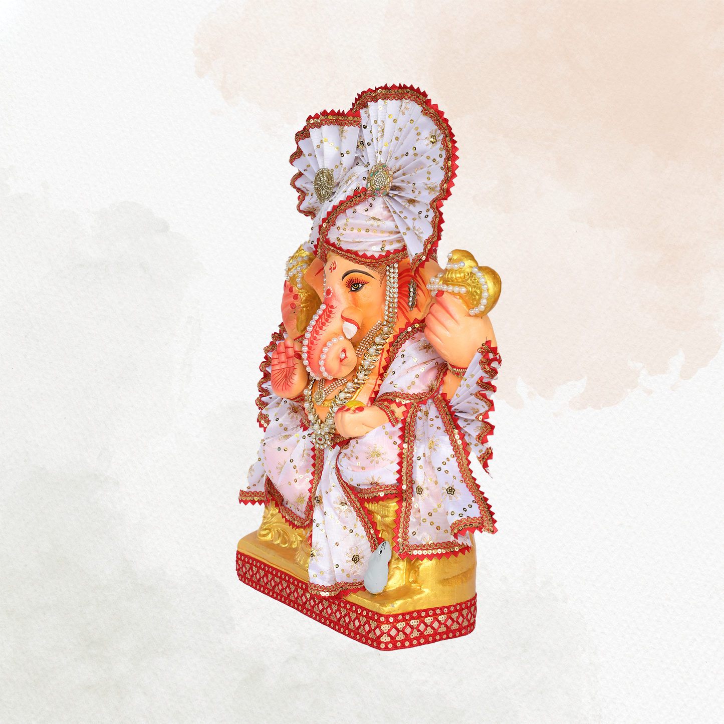 23 Inch – Divine White Ganesha Idol in Shadu Mitti | Eco-Friendly Murti with Pearl-Stone Work & Majestic Fan-Style Pagdi
