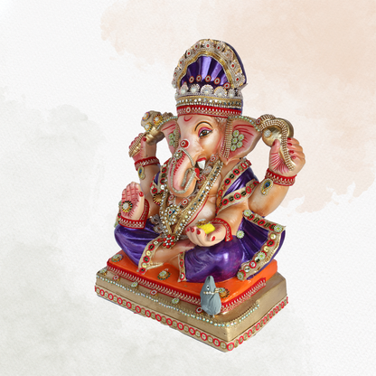 19 Inch – Divine Seated Ganesha Idol in Purple Attire – Shadu Mitti Clay Murti with Stone-Studded Crown & Orange Base