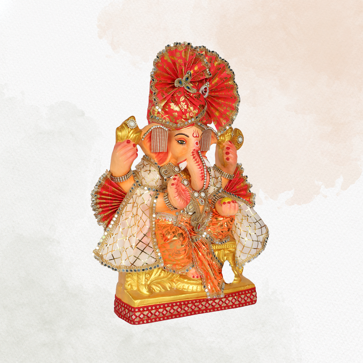 23 Inch – Designer Ganesha Idol in Orange-Cream Attire | Shadu Mitti Murti with Fan Pagdi