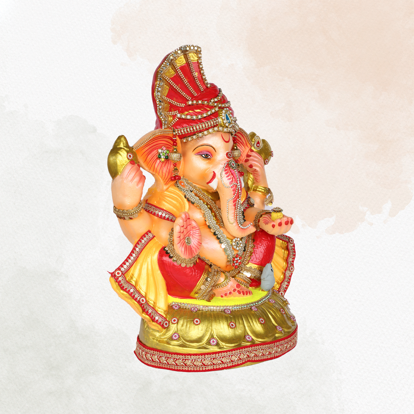 23 Inch – Royal Red & Yellow Ganesha Idol | Shadu Mitti Murti with Crown Pagdi & Golden Base
