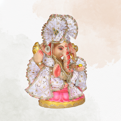 23 Inch – Royal Seated Ganesha Idol in White Attire | Eco-Friendly Shadu Mitti Murti with Designer Pagdi & Beadwork