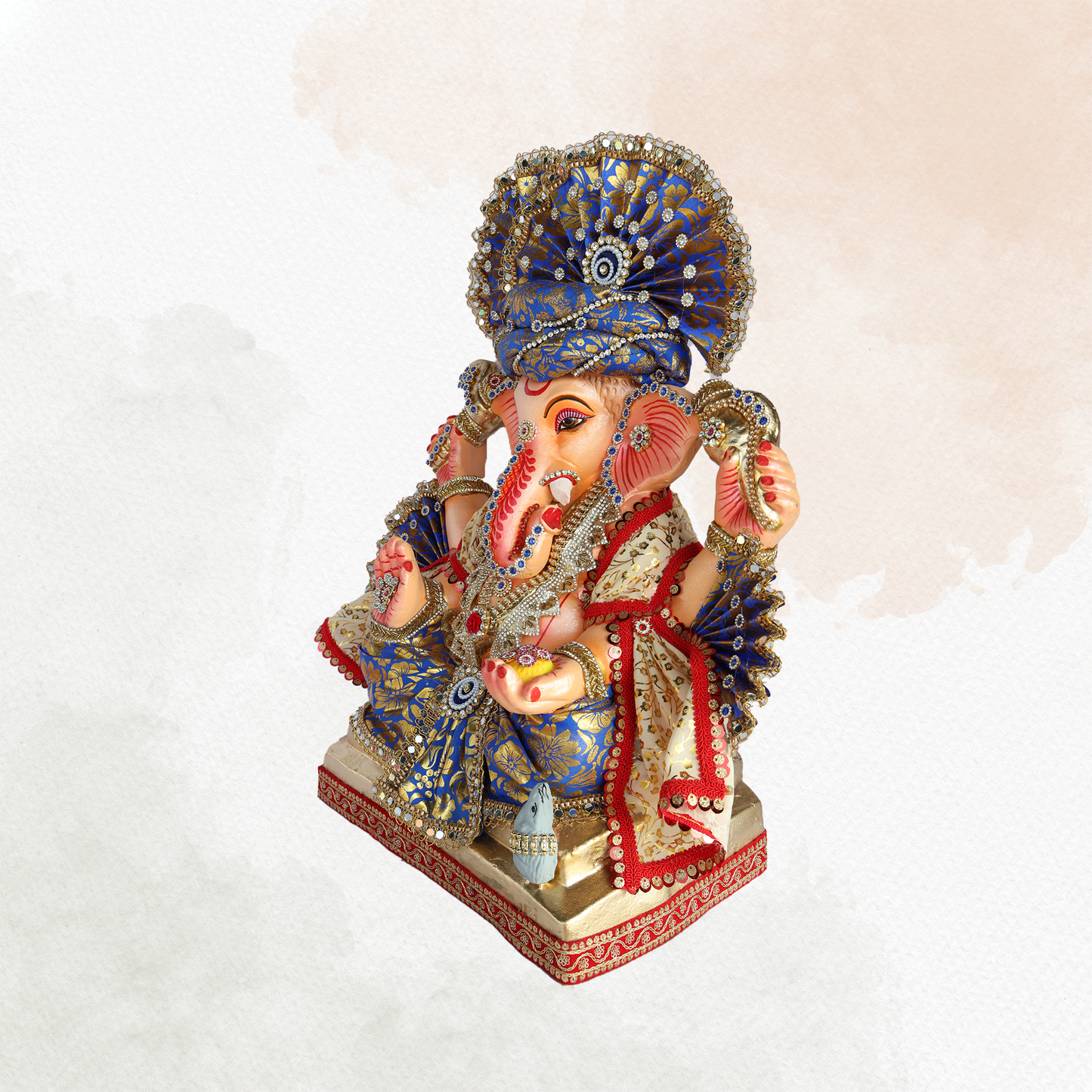 19 Inch – Royal Seated Ganesha Idol in Blue Brocade Attire – Shadu Mitti Clay Murti with Designer Pagdi & Kundan Work