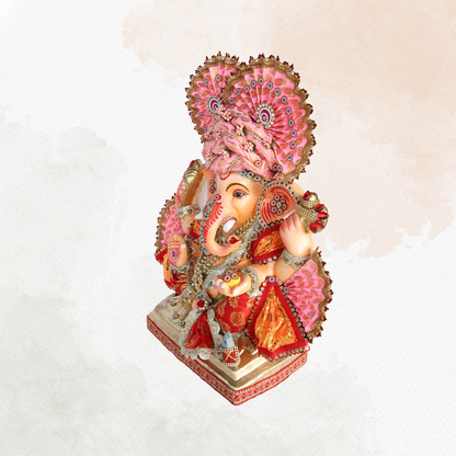 19 Inch – Designer Pink & Red Ganesha Idol | Eco-Friendly Shadu Mitti Murti with Modak and Crown Fan