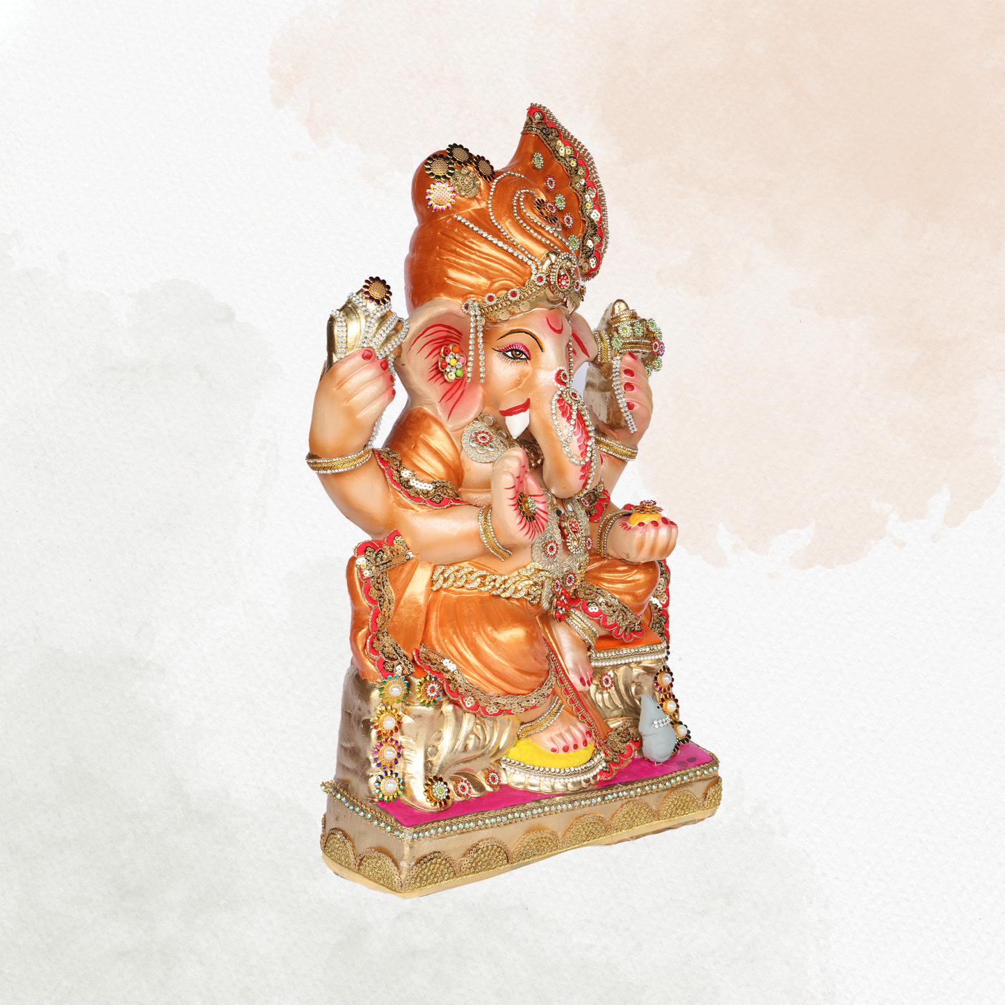 23 Inch –  Copper Orange Ganesha Idol | Eco-Friendly Shadu Murti with Designer Crown & Rectangular Base