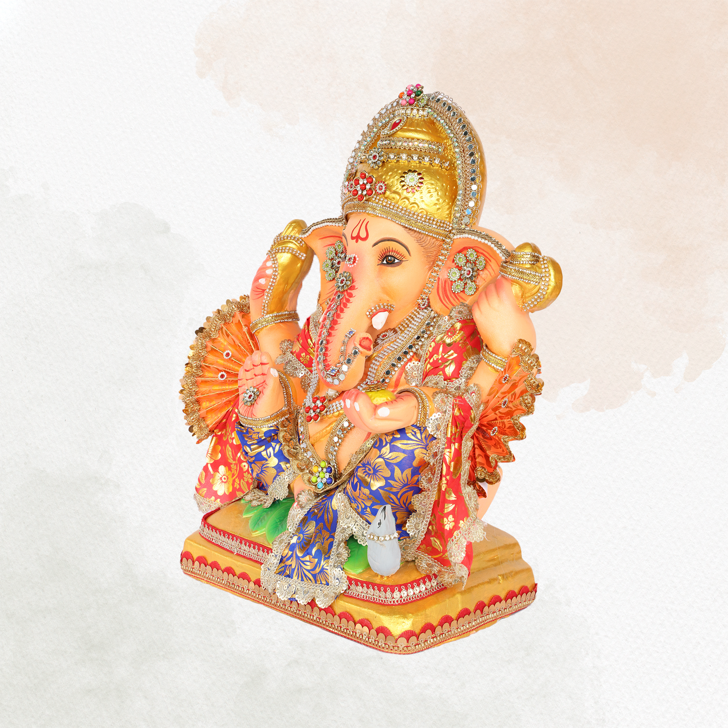 19 Inch – Vibrant Maharaja Ganesha Idol | Eco-Friendly Shadu Mitti Ganpati with Modak & Kalash | Blue & Orange Attire