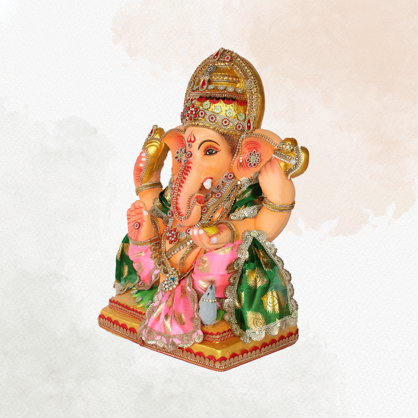 19 Inch – Royal Pink & Green Ganesha Idol | Eco-Friendly Shadu Mitti Ganpati Murti with Crown & Kalash