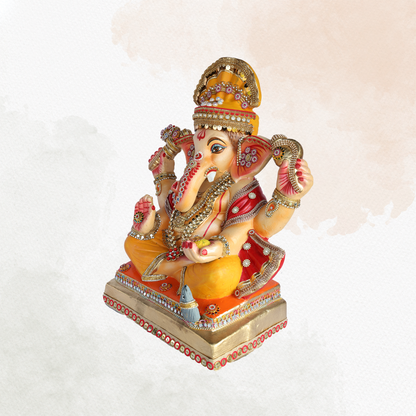 19 Inch – Divine Seated Ganesha Idol in Orange & Red Attire – Shadu Mitti Clay Murti with Golden Crown & Stone Embellishments