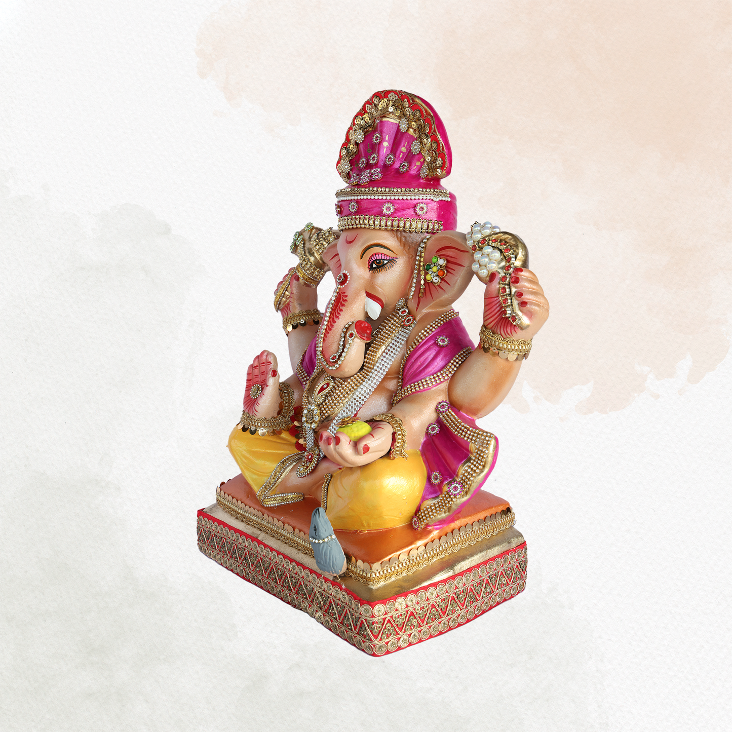 19 Inch – Majestic Seated Ganesha Idol in Yellow-Purple Attire | Shadu Mitti Eco Clay Murti with Crown & Modak Pose