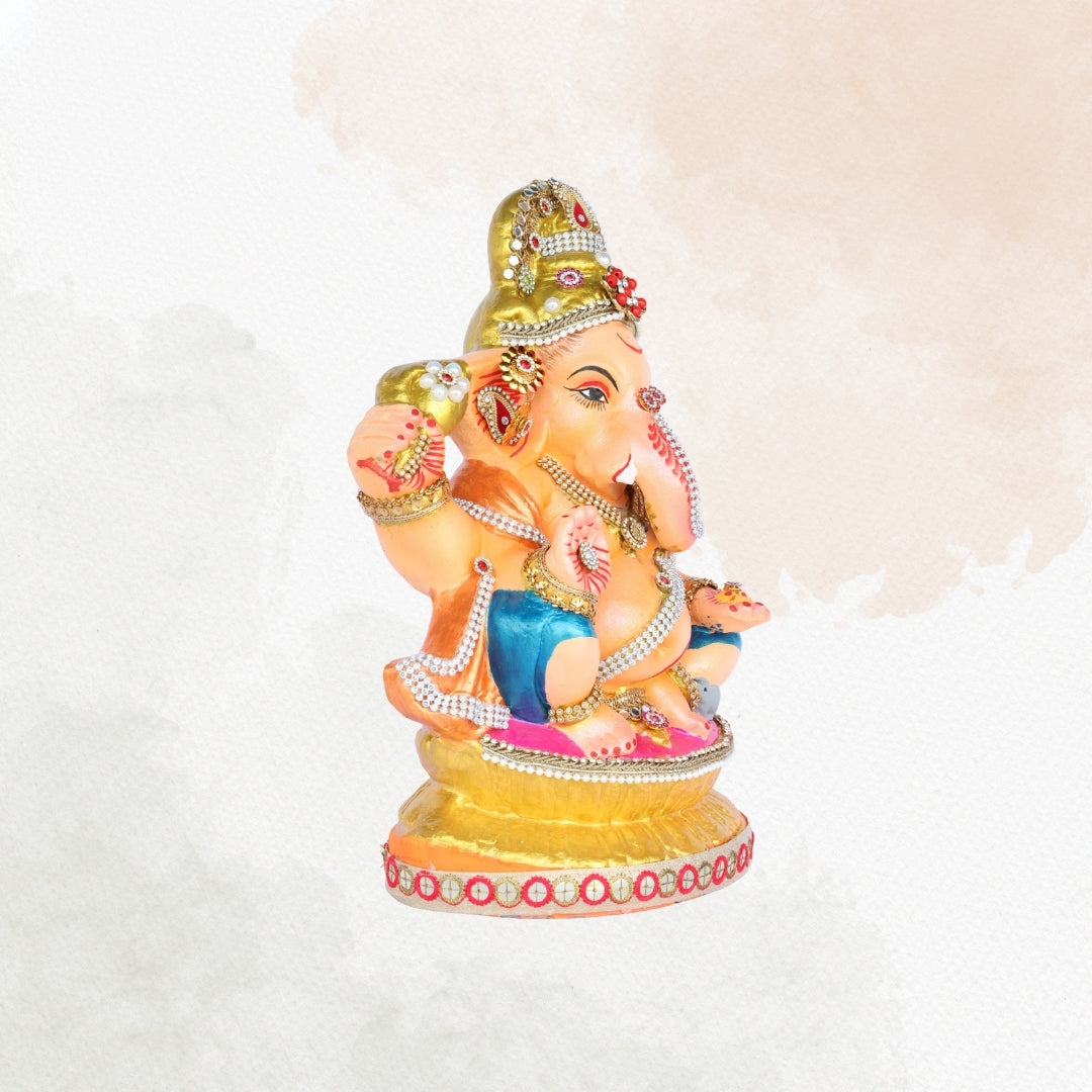 13 Inch – Warm Orange and Blue Attire Ganesha Idol | Decorated with Beads & Stones | Traditional Finish | Eco-Friendly Clay