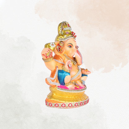 13 Inch – Warm Orange and Blue Attire Ganesha Idol | Decorated with Beads & Stones | Traditional Finish | Eco-Friendly Clay