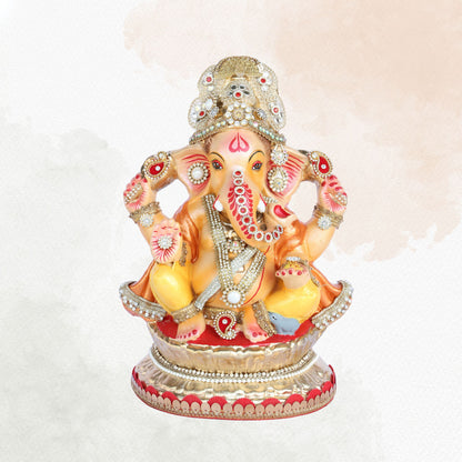 13 Inch – Silver Embellished with Pearl & Kundan Work Ganesha Idol | Eco-Friendly Clay