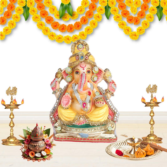 13 Inch – Eco-Friendly Shadu Mitti Lord Ganesha Idol | Yellow Attire with Kundan & Pearl Embellishments | Biodegradable Ganpati Murti
