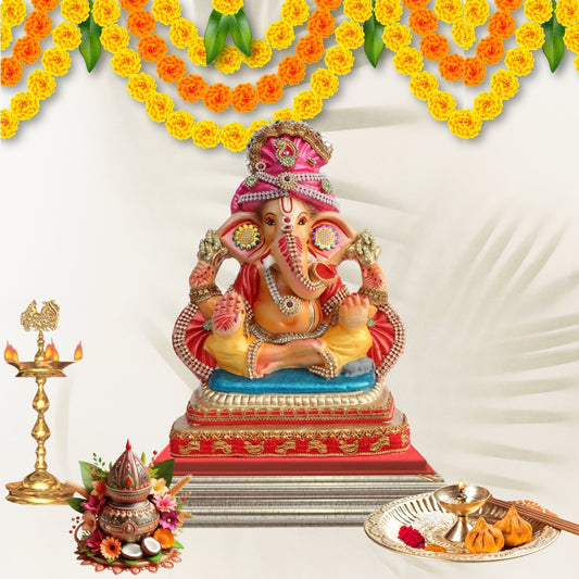 11 Inch – Traditional Ganesh Idol in Yellow Attire | Clay Murti with Mirror Pagdi & Blessing Mudra