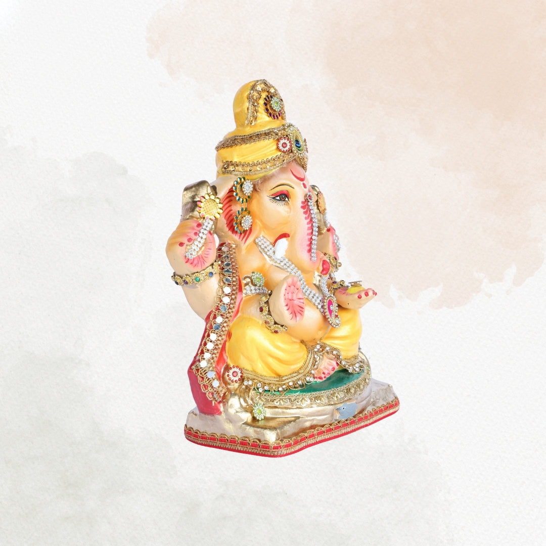 13 Inch – Eco-Friendly Shadu Mitti Lord Ganesha Idol | Yellow Attire with Kundan & Pearl Embellishments | Biodegradable Ganpati Murti