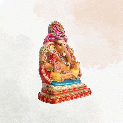 11 Inch – Traditional Ganesh Idol in Yellow Attire | Clay Murti with Mirror Pagdi & Blessing Mudra