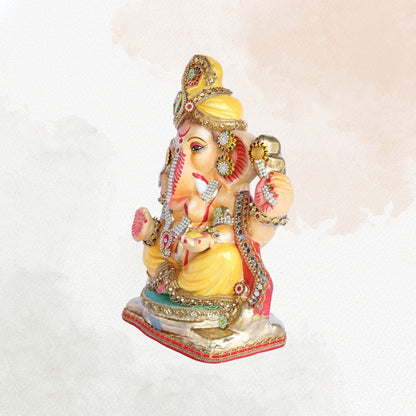 13 Inch – Eco-Friendly Shadu Mitti Lord Ganesha Idol | Yellow Attire with Kundan & Pearl Embellishments | Biodegradable Ganpati Murti