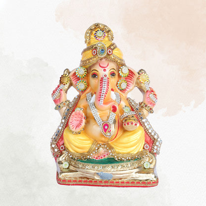 13 Inch – Eco-Friendly Shadu Mitti Lord Ganesha Idol | Yellow Attire with Kundan & Pearl Embellishments | Biodegradable Ganpati Murti