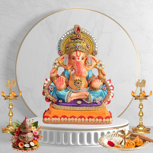 11 Inch – Grand Seated Ganesha Idol in Blue Attire | Shadu Mitti Clay Murti with Gold Crown & Designer Stonework Base