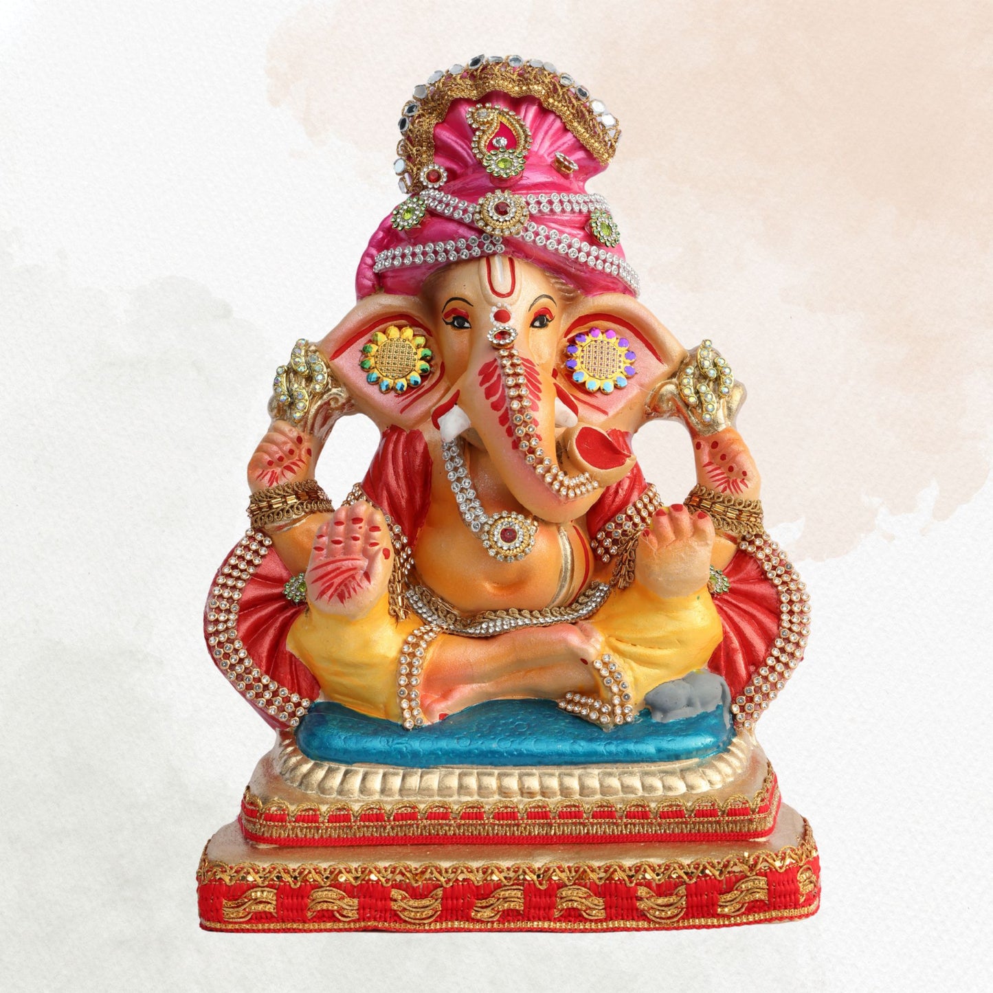 11 Inch – Traditional Ganesh Idol in Yellow Attire | Clay Murti with Mirror Pagdi & Blessing Mudra