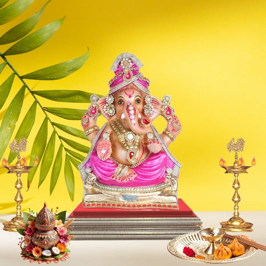 13 Inch – Pink Attire with Pearl & Kundan Embellishments | Eco-Friendly Shadu Mitti Lord Ganesha Idol