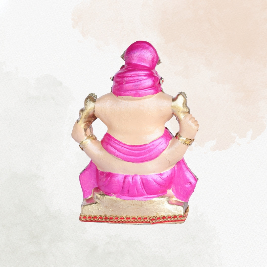 13 Inch – Pink Attire with Pearl & Kundan Embellishments | Eco-Friendly Shadu Mitti Lord Ganesha Idol