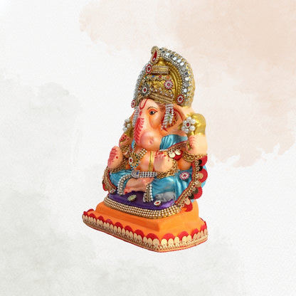 11 Inch – Grand Seated Ganesha Idol in Blue Attire | Shadu Mitti Clay Murti with Gold Crown & Designer Stonework Base