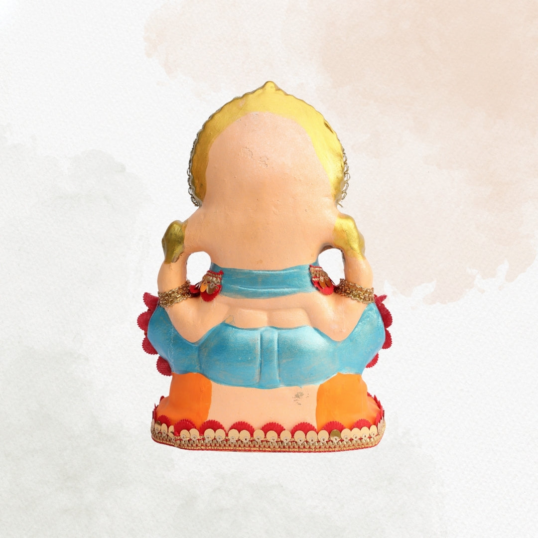 11 Inch – Grand Seated Ganesha Idol in Blue Attire | Shadu Mitti Clay Murti with Gold Crown & Designer Stonework Base