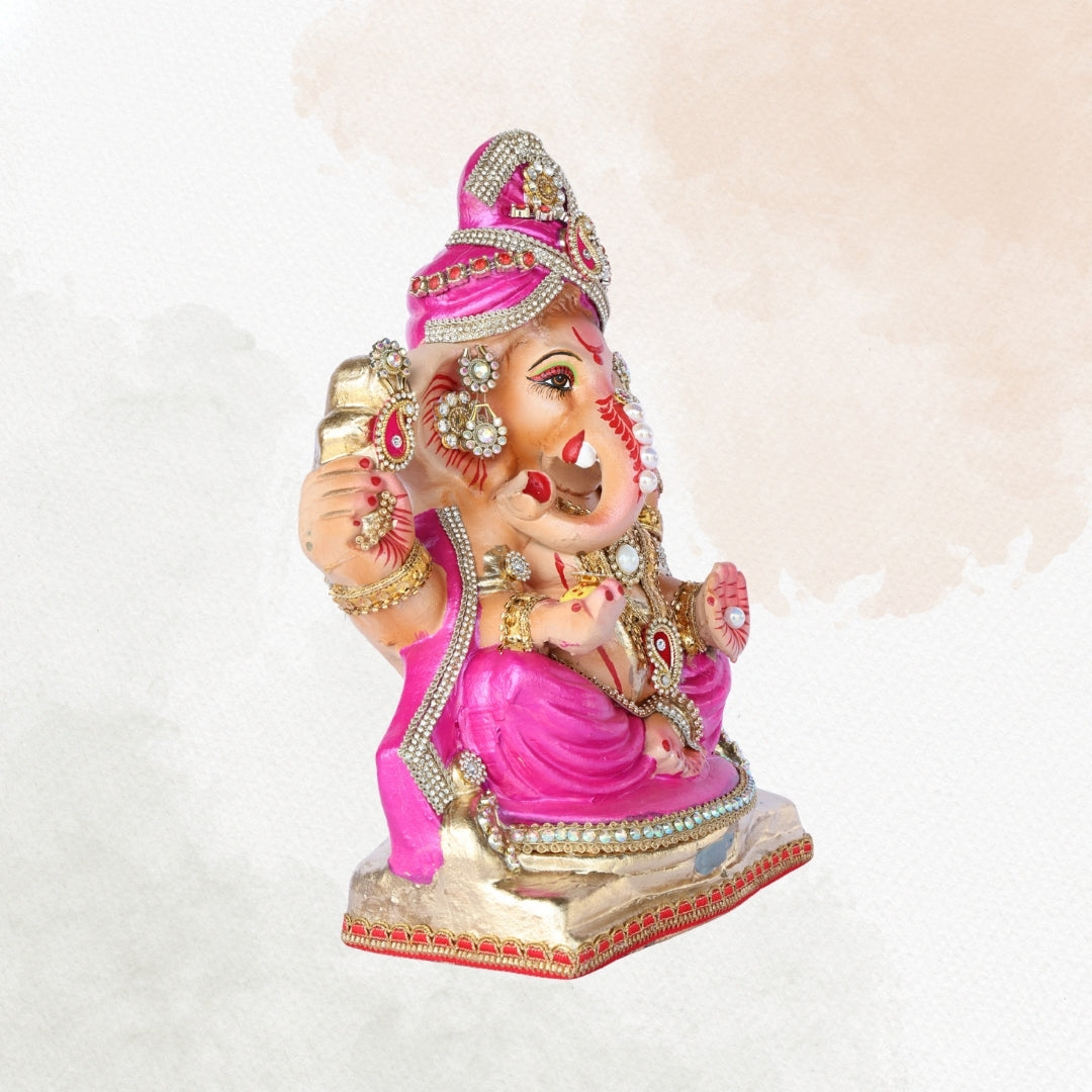 13 Inch – Pink Attire with Pearl & Kundan Embellishments | Eco-Friendly Shadu Mitti Lord Ganesha Idol