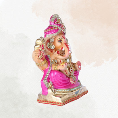 13 Inch – Pink Attire with Pearl & Kundan Embellishments | Eco-Friendly Shadu Mitti Lord Ganesha Idol