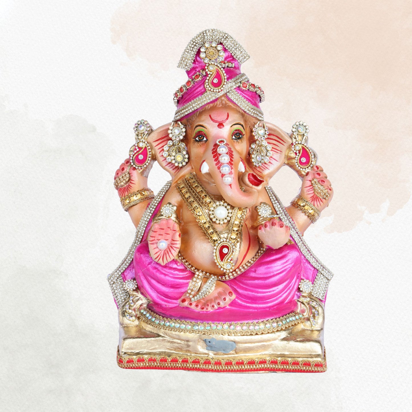 13 Inch – Pink Attire with Pearl & Kundan Embellishments | Eco-Friendly Shadu Mitti Lord Ganesha Idol
