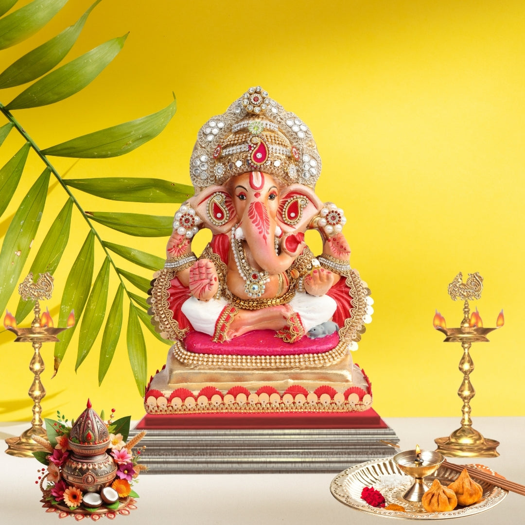 11 Inch – Royal Seated Ganesha Idol in White Dhoti | Shadu Mitti Clay Murti with Golden Crown & Red Pearl Detailing