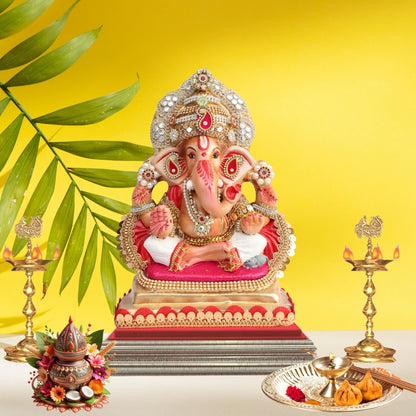 11 Inch – Royal Seated Ganesha Idol in White Dhoti | Shadu Mitti Clay Murti with Golden Crown & Red Pearl Detailing