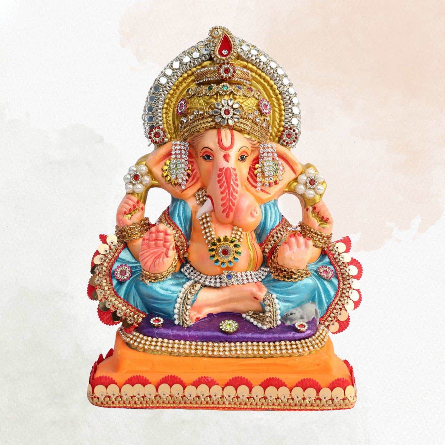 11 Inch – Grand Seated Ganesha Idol in Blue Attire | Shadu Mitti Clay Murti with Gold Crown & Designer Stonework Base