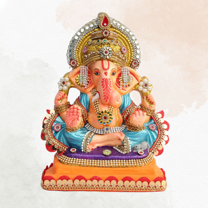 11 Inch – Grand Seated Ganesha Idol in Blue Attire | Shadu Mitti Clay Murti with Gold Crown & Designer Stonework Base