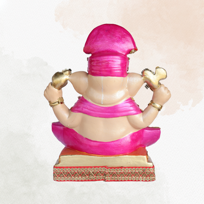 19 Inch – Majestic Seated Ganesha Idol in Yellow-Purple Attire | Shadu Mitti Eco Clay Murti with Crown & Modak Pose