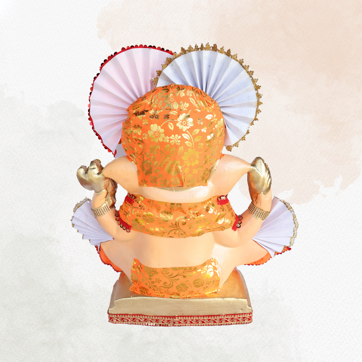 19 Inch – Traditional Orange Attired Ganesha Idol – Shadu Mitti Clay Murti with Floral Pagdi & Designer Fan