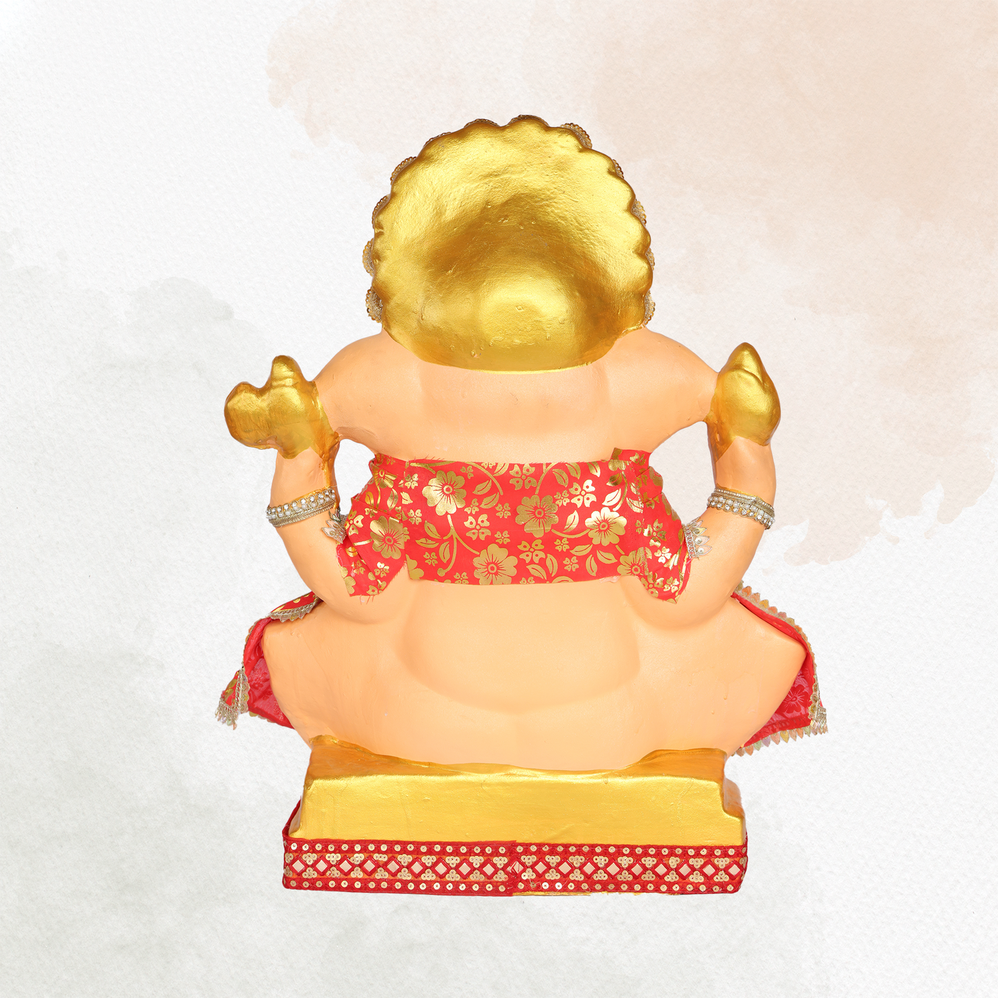23 Inch – Traditional Seated Ganesha Idol in Red & Orange Floral Attire | Shadu Mitti Clay Murti with Golden Crown & Pearl Jewelry