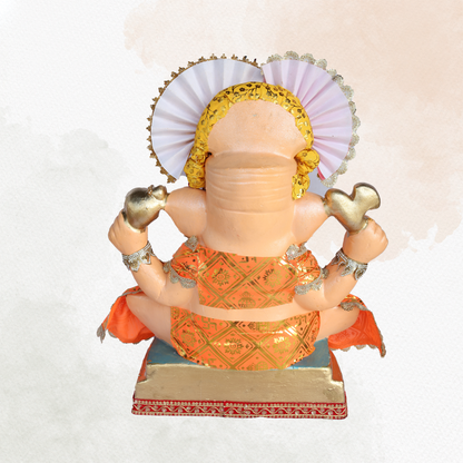 19 Inch – Royal Ganesha Idol in Traditional Orange Dress | Shadu Mitti Murti with Decorative Turban & Back Halo