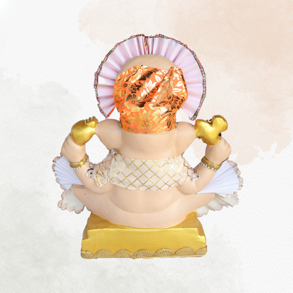19 Inch – Majestic Seated Ganesha Idol in Red & White Attire – Shadu Mitti Clay Murti with Designer Orange Mukut & Fan Crown