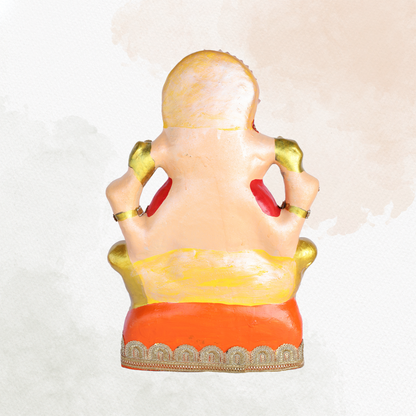17 Inch – Royal Seated Ganesha Idol in Orange-Yellow Attire | Shadu Mitti Clay Murti with Fan Crown & Kundan Embellishments