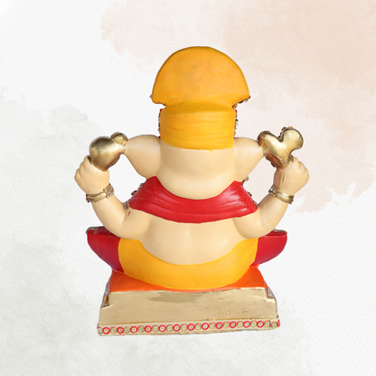 19 Inch – Divine Seated Ganesha Idol in Orange & Red Attire – Shadu Mitti Clay Murti with Golden Crown & Stone Embellishments