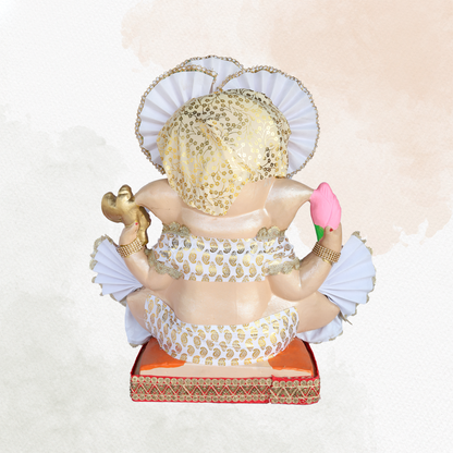 19 Inch – Royal White Attire Ganesha Idol with Floral Crown | Shadu Mitti Eco-Friendly Murti Holding Lotus & Laddoo
