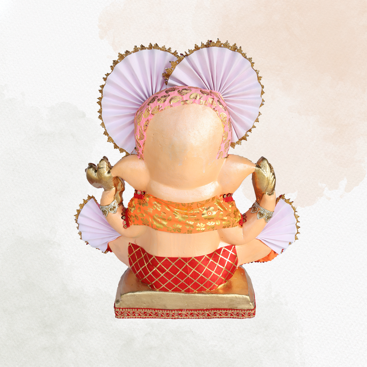 19 Inch – Designer Pink & Red Ganesha Idol | Eco-Friendly Shadu Mitti Murti with Modak and Crown Fan