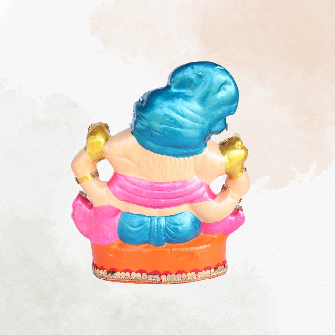 14 Inch – Shiv Putra Ganesha Idol with Blue Pagdi | Shadu Mitti Eco-Friendly Murti with Shivling